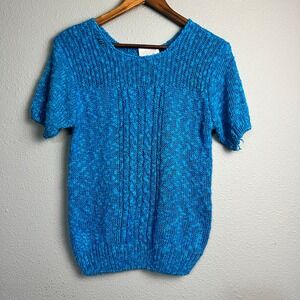 Jazzy Knit Top Hand Open Knitted Cable Knit Short Sleeve Blue Ramie Blend Size M